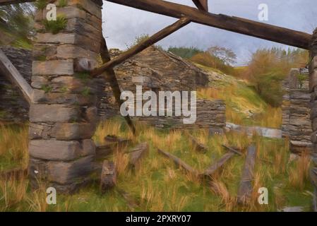 Peinture numérique de la carrière abandonnée de Rhos Slate à Capel Curig, en dessous de Moel Siabod dans le parc national de Snowdonia, au pays de Galles Banque D'Images