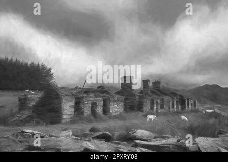 Peinture numérique de la carrière abandonnée de Rhos Slate à Capel Curig, en dessous de Moel Siabod dans le parc national de Snowdonia, au pays de Galles Banque D'Images