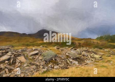 Peinture numérique de la carrière abandonnée de Rhos Slate à Capel Curig, en dessous de Moel Siabod dans le parc national de Snowdonia, au pays de Galles Banque D'Images