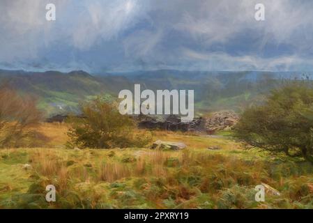 Peinture numérique de la carrière abandonnée de Rhos Slate à Capel Curig, en dessous de Moel Siabod dans le parc national de Snowdonia, au pays de Galles Banque D'Images