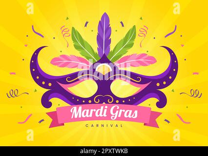 Mardi gras Carnival Party Illustration avec masque, plumes et Art Festival pour Web Banner ou Landing page en Flat Cartoon modèles dessinés à la main Banque D'Images