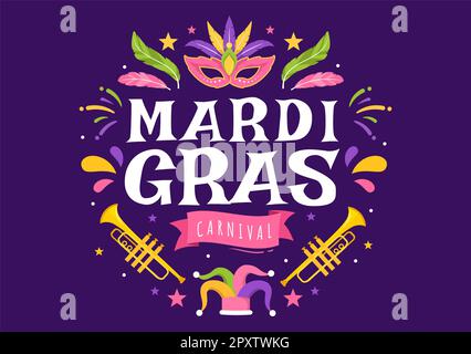 Mardi gras Carnival Party Illustration avec masque, plumes et Art Festival pour Web Banner ou Landing page en Flat Cartoon modèles dessinés à la main Banque D'Images