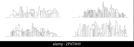 Dessin en ligne continu de la maison, vecteur d'ensemble de concept de bâtiment résidentiel. Paysage panoramique d'architecture métropole, gratte-ciel. Illustration de Vecteur