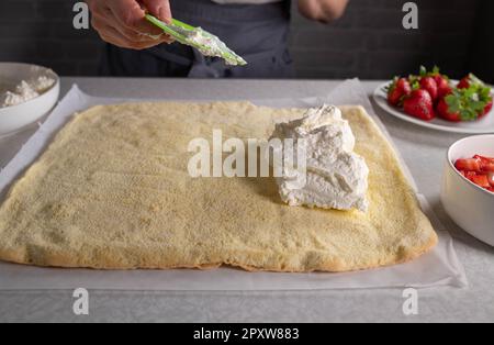 Crème fouettée sur un gâteau éponge pour la fabrication de rouleaux suisses Banque D'Images