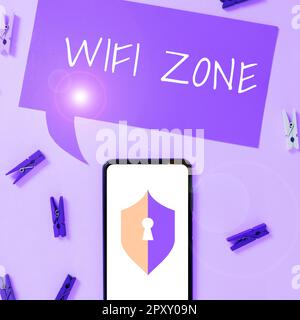 Sous-titres présentant la zone Wi-Fi, le concept d'entreprise propose une connexion Internet haut débit sans fil et des connexions réseau Banque D'Images