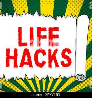 Signe d'écriture à la main Life Hacks, technique de stratégie de photo conceptuelle pour gérer les activités quotidiennes plus efficacement Banque D'Images