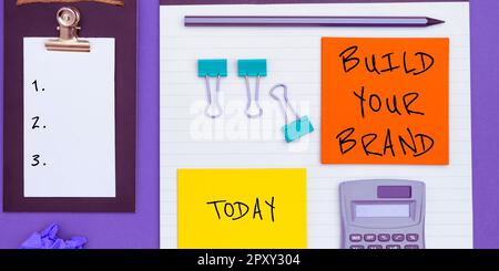 Affiche de texte montrant construire votre marque, vue d'ensemble d'entreprise faire une identité commerciale Publicité de marketing Banque D'Images