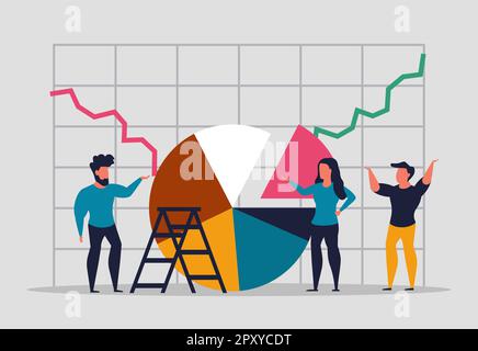 Analyse graphique, statistiques sur les bénéfices de l'entreprise. L'équipe analyse les données ensemble, le travail d'équipe. Grandes quantités de données pour l'analyse et le concept d'information. Analyser les graphiques Illustration de Vecteur