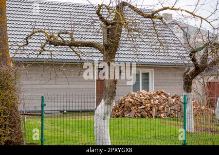 Une maison avec une clôture et une pile de bois de chauffage derrière elle. Banque D'Images