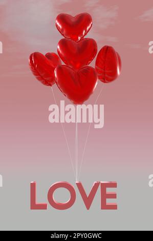 3D Illustration , bouquet volant de coeurs rouges de ballons. Carte de Saint-Valentin Happy Valentines DayCONCEPT, fête, design, prospectus, affiche, décoration, bannière, web, publicité Banque D'Images