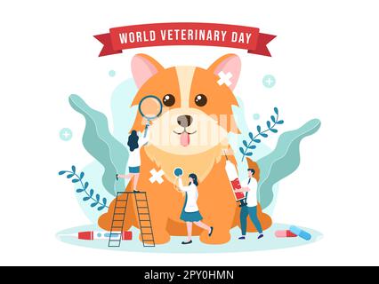 Journée mondiale de la vétérinaire sur 29 avril Illustration avec Doctor and cute Animals chiens ou chats en dessin animé à la main pour les modèles de page d'arrivée Banque D'Images