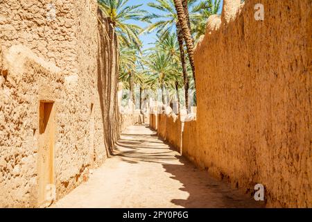 Al Ula ruinait la vieille rue de la ville avec des palmiers le long de la route, l'Arabie Saoudite Banque D'Images