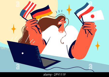 Une femme souriante s'assoit au bureau avec un ordinateur portable et des drapeaux de différents pays. Bonne étudiante internationale travaillant sur ordinateur. Illustrateur de vecteur Banque D'Images