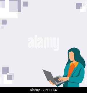 Femme d'affaires debout au coin de la rue. Femme tenant un ordinateur portable pour taper du texte. Banque D'Images