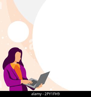 Femme d'affaires debout au coin de la rue. Femme tenant un ordinateur portable pour taper du texte. Banque D'Images