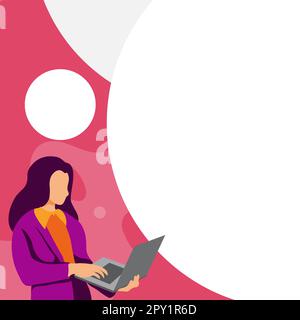 Femme d'affaires debout au coin de la rue. Femme tenant un ordinateur portable pour taper du texte. Banque D'Images