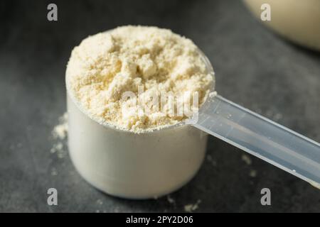 Poudre de protéine de lactosérum de vanille saine biologique dans une pelle Banque D'Images