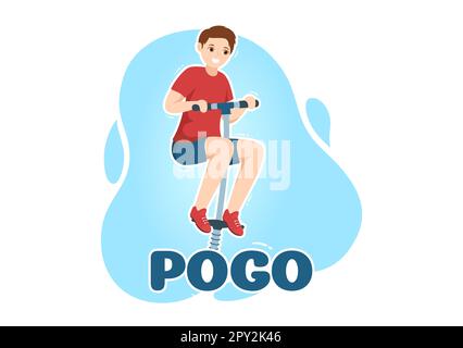 Les personnes jouant avec Sport Jump Pogo Stick Illustration pour bannière Web ou page d'arrivée en extérieur Fun Toy Flat Cartoon modèles dessinés à la main Banque D'Images