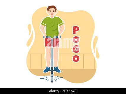 Les personnes jouant avec Sport Jump Pogo Stick Illustration pour bannière Web ou page d'arrivée en extérieur Fun Toy Flat Cartoon modèles dessinés à la main Banque D'Images