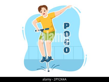 Les personnes jouant avec Sport Jump Pogo Stick Illustration pour bannière Web ou page d'arrivée en extérieur Fun Toy Flat Cartoon modèles dessinés à la main Banque D'Images