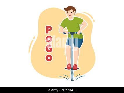 Les personnes jouant avec Sport Jump Pogo Stick Illustration pour bannière Web ou page d'arrivée en extérieur Fun Toy Flat Cartoon modèles dessinés à la main Banque D'Images