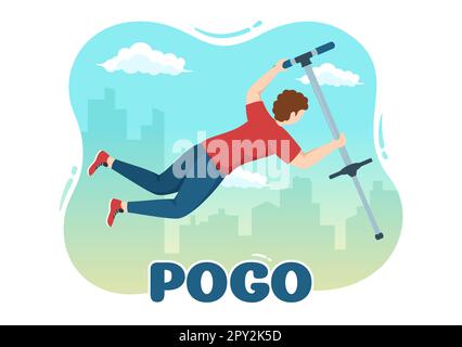 Les personnes jouant avec Sport Jump Pogo Stick Illustration pour bannière Web ou page d'arrivée en extérieur Fun Toy Flat Cartoon modèles dessinés à la main Banque D'Images