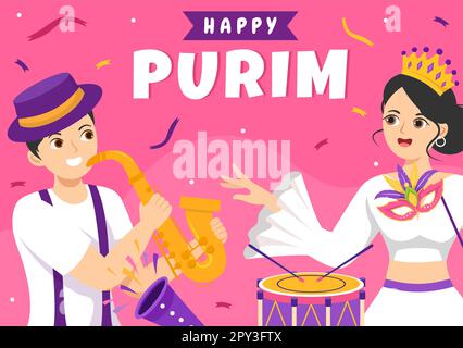 Happy Purim Illustration avec masques de Carnival, fêtes juives et Funfair en dessin à la main pour bannière Web ou modèles de page d'arrivée Banque D'Images