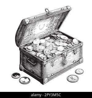 Poitrine avec pièces de monnaie dessinées à la main dans l'illustration de style Doodle Illustration de Vecteur