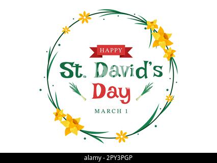 Bonne Saint-David sur l'illustration 1 mars avec Dragons gallois et jonquilles jaunes pour la page d'arrivée dans des modèles dessinés à la main de dessin animé à plat Banque D'Images