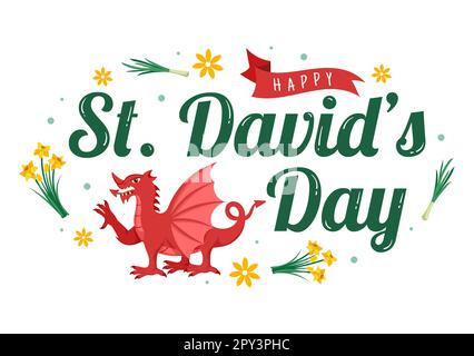 Bonne Saint-David sur l'illustration 1 mars avec Dragons gallois et jonquilles jaunes pour la page d'arrivée dans des modèles dessinés à la main de dessin animé à plat Banque D'Images