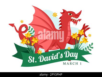 Bonne Saint-David sur l'illustration 1 mars avec Dragons gallois et jonquilles jaunes pour la page d'arrivée dans des modèles dessinés à la main de dessin animé à plat Banque D'Images