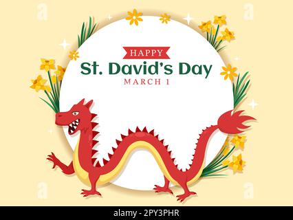 Bonne Saint-David sur l'illustration 1 mars avec Dragons gallois et jonquilles jaunes pour la page d'arrivée dans des modèles dessinés à la main de dessin animé à plat Banque D'Images
