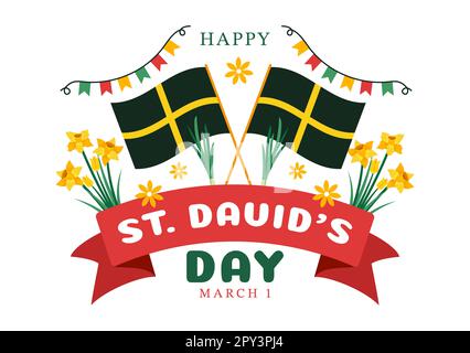 Bonne Saint-David sur l'illustration 1 mars avec Dragons gallois et jonquilles jaunes pour la page d'arrivée dans des modèles dessinés à la main de dessin animé à plat Banque D'Images