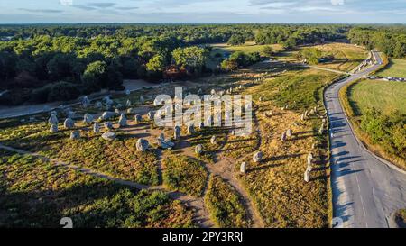 Vue aérienne des alignements de pierre de Carnac de Kermario à Morbihan, France - menhirs et mégaliths préhistoriques en rangées en Bretagne Banque D'Images