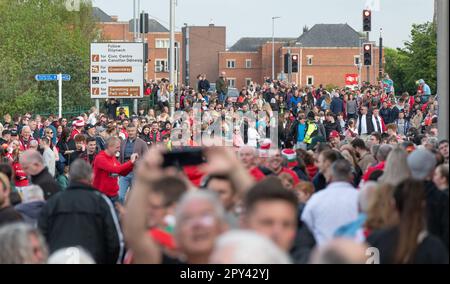 Wrexham, Wrexham County Borough, pays de Galles. 2nd mai 2023. Les fans de Wrexham attendent avant le défilé, pendant le défilé de victoire du club de football de l'association Wrexham au champ de courses. (Image de crédit : ©Cody Froggatt/Alamy Live News) Banque D'Images