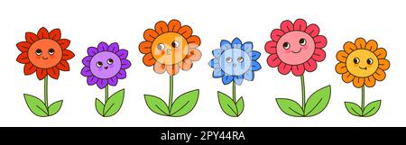 Fleurs camomille bande dessinée ensemble. BD enfants linéaire floral personnages mignons avec drôle caricature émoticone visages. Enfant dessiné à la main été smiley fleurs sauvages rétro Doodle design illustration vectorielle Illustration de Vecteur