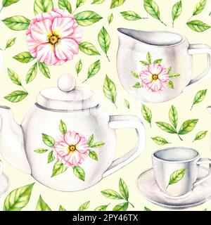 Motif aquarelle d'une tasse en porcelaine et d'une théière, fleurs, bouquets sur blanc. Illustration isolée pour la conception de menu, restaurant, emballage, cuisine, Banque D'Images