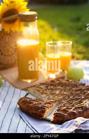 Pique-nique avec une délicieuse tarte, des pommes et du jus sur une couverture dans le jardin Banque D'Images