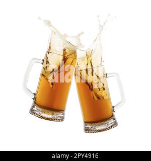 Deux grandes tasses de bière en verre avec des éclaboussures sur fond blanc Banque D'Images