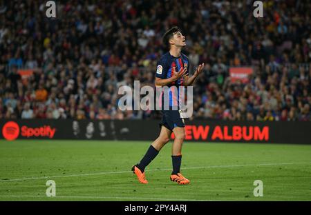 Barcelone, ESP. 02nd mai 2023. FC BARCELONE contre CA OSASUNA 2 mai 2023 Pedri (8) du FC Barcelone réagit lors du match entre le FC Barcelone et CA Osasuna correspondant à la trente-trois journée de la Liga Santander au camp Spotify Nou à Barcelone, en Espagne. Crédit : rosdemora/Alay Live News Banque D'Images