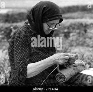 Mures County, République socialiste de Roumanie, env. 1976. Femme âgée triant sur un banc dans la ville. Banque D'Images