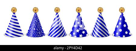 Ensemble d'icônes de chapeau d'anniversaire Vector 3D Realistic bleu et blanc isolé sur fond blanc. Modèle de création de plafond de fête pour bannière de fête, carte de vœux Illustration de Vecteur