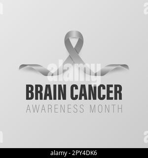 Bin cancer Banner, Card, Placerard avec Vector 3D Realistic Gray Ribbon sur fond gris. Gros plan sur le symbole du mois de sensibilisation au cancer du cerveau, mai. Monde Illustration de Vecteur