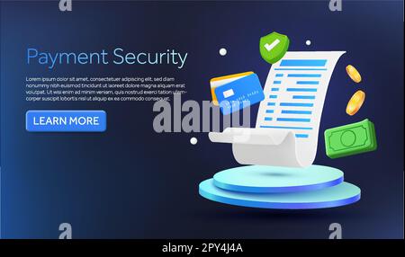 3d facture avec coche verte sur podium, pièces, dollar, cartes de crédit volées, isolées sur fond. Conception de bannière minimale avec appel à l'action pour les affaires financières. 3d illustration vectorielle. Illustration vectorielle Illustration de Vecteur