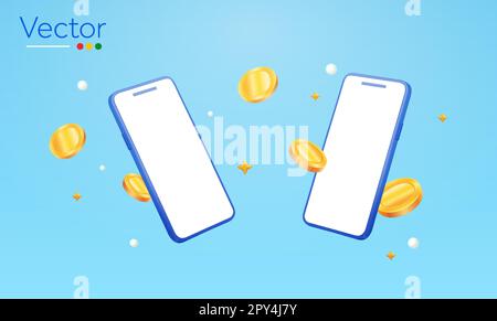 3d téléphones mobiles avec pièces de monnaie volantes autour, isolé sur fond. Concept minimal de conception pour le transfert en ligne, financier, de fonds, de commerce, d'affaires. 3D illustration vectorielle. Illustration vectorielle Illustration de Vecteur