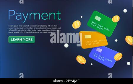 Cartes bancaires de différentes couleurs avec pièces volantes autour, isolées sur fond. Concept de bannière avec texte, appel à l'action pour les affaires financières, commerciales, en ligne, illustration vectorielle 3D. Illustration vectorielle Illustration de Vecteur