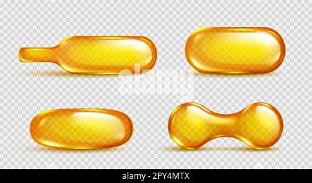 Jeu réaliste de 3D capsules d'huile isolées sur fond transparent. Illustration vectorielle de la vitamine C, du sérum, des oméga, des comprimés d'ésense de collagène avec une substance jaune. Produit de soins de beauté, médecine Illustration de Vecteur