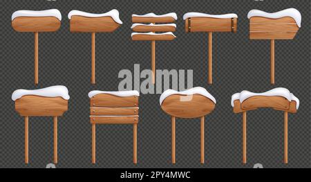 Ensemble réaliste de panneaux de signalisation en bois recouverts de neige. Illustration vectorielle des poteaux de flèche, des indicateurs de direction rectangulaires et ovales isolés sur fond transparent. Pointeurs rustiques millésimés Illustration de Vecteur