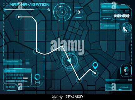 Écran de l'interface de navigation HUD, carte de la ville, itinéraire. Voie de circulation routière, interface de vecteur d'écran numérique de l'application de navigation, route urbaine carte futuriste b Illustration de Vecteur