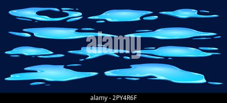 Icône représentant une flaque d'eau isométrique liquide au sol. Illustration du vecteur de fuite de pluie et d'éclaboussures de gouttes. Laisser dégeler la tache humide sur une clipart isolée de la surface du sol. Tache de déchirure pure. Fuite de boisson bleue Illustration de Vecteur
